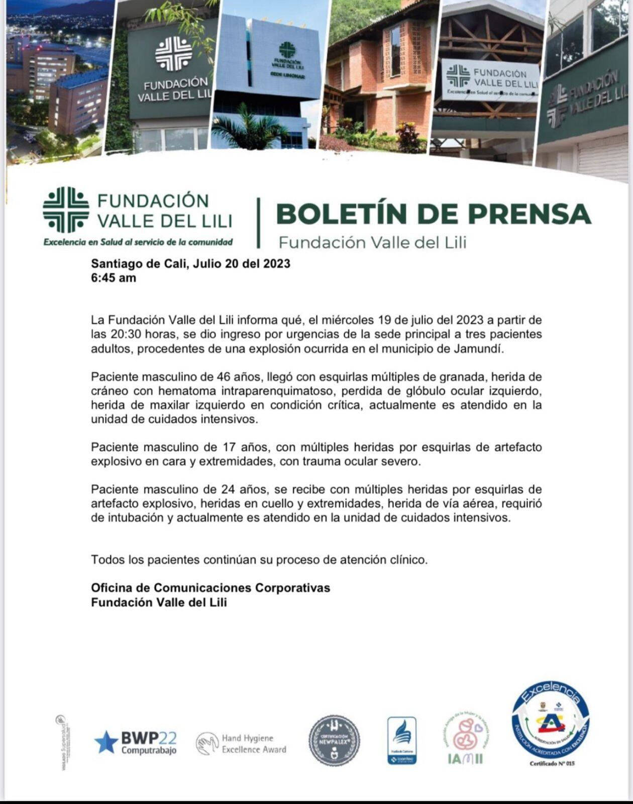 Estado de salud de las personas heridas tras detonación de artefacto explosivo en Jamundí, Valle.