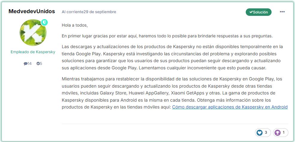 En respuesta a la eliminación de sus aplicaciones de Google Play, Kaspersky declaró que continúa trabajando en alternativas y soluciones para que los usuarios puedan descargar y actualizar sus productos desde otras plataformas.