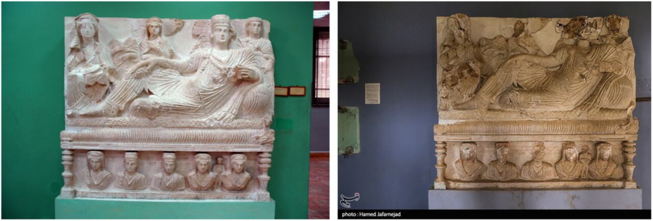 Relieve funerario de Palmira antes y después de la guerra civil Siria. Wikimedia Commons / Gianfranco Gazzetti / GAR /Tasnim News Agency, CC BY-SA