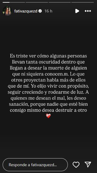 La influencer Fati Vazquez subió una historia respondiendo a las personas que la amenazaron.