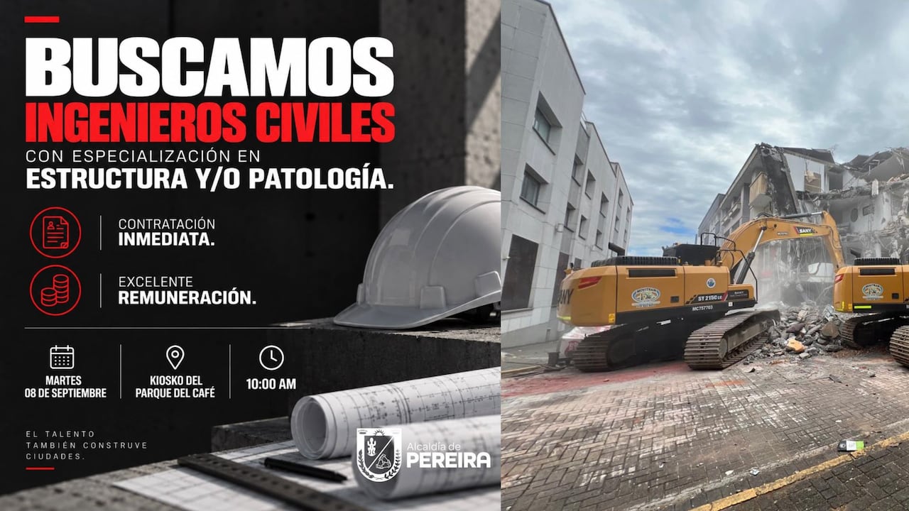 La Alcaldía de Pereira convocó a ingenieros civiles especializados en estructuras o patología para una jornada de contratación este martes, 8 de septiembre, en medio de las labores de recuperación de la ciudad tras el terremoto del 10 de agosto.