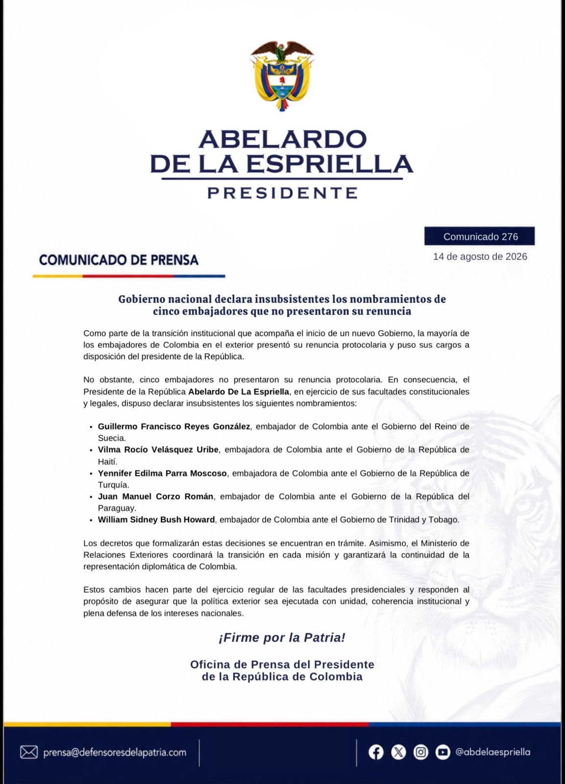 Comunicado oficial de la Presidencia de Colombia.