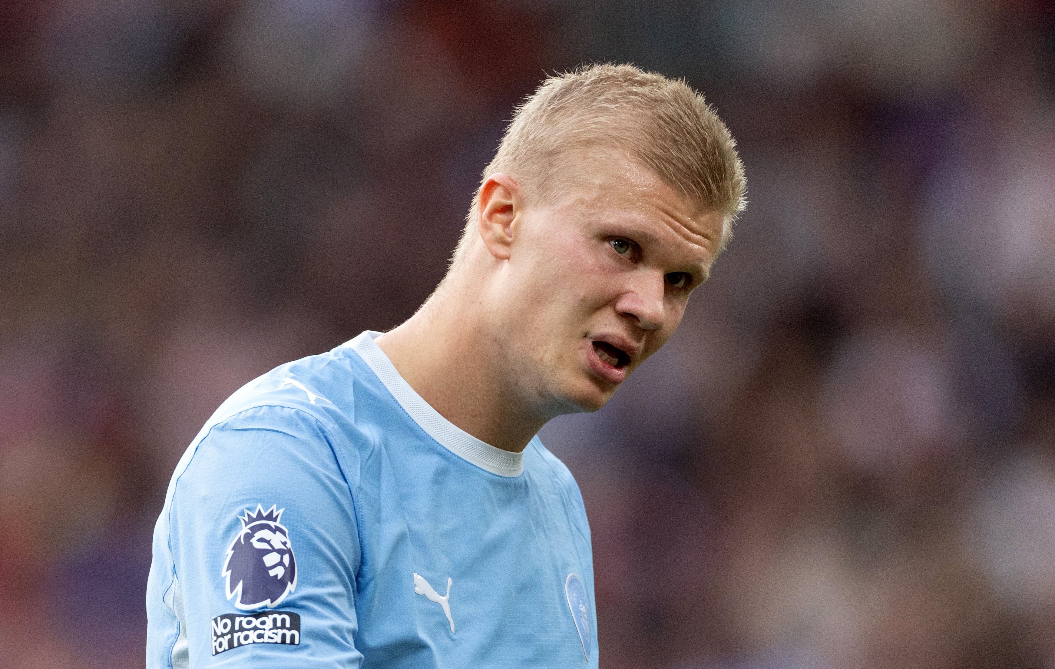 MANCHESTER, ENGLAND - SEPTEMBER 13: Erling Haaland of Manchester City looks on during the Premier League 2026/27 match between Manchester United and Manchester City at Old Trafford on September 13, 2026 in Manchester, England. (Photo by Joe Prior/Visionhaus via Getty Images)