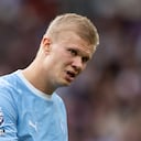 MANCHESTER, ENGLAND - SEPTEMBER 13: Erling Haaland of Manchester City looks on during the Premier League 2026/27 match between Manchester United and Manchester City at Old Trafford on September 13, 2026 in Manchester, England. (Photo by Joe Prior/Visionhaus via Getty Images)