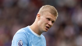 MANCHESTER, ENGLAND - SEPTEMBER 13: Erling Haaland of Manchester City looks on during the Premier League 2026/27 match between Manchester United and Manchester City at Old Trafford on September 13, 2026 in Manchester, England. (Photo by Joe Prior/Visionhaus via Getty Images)