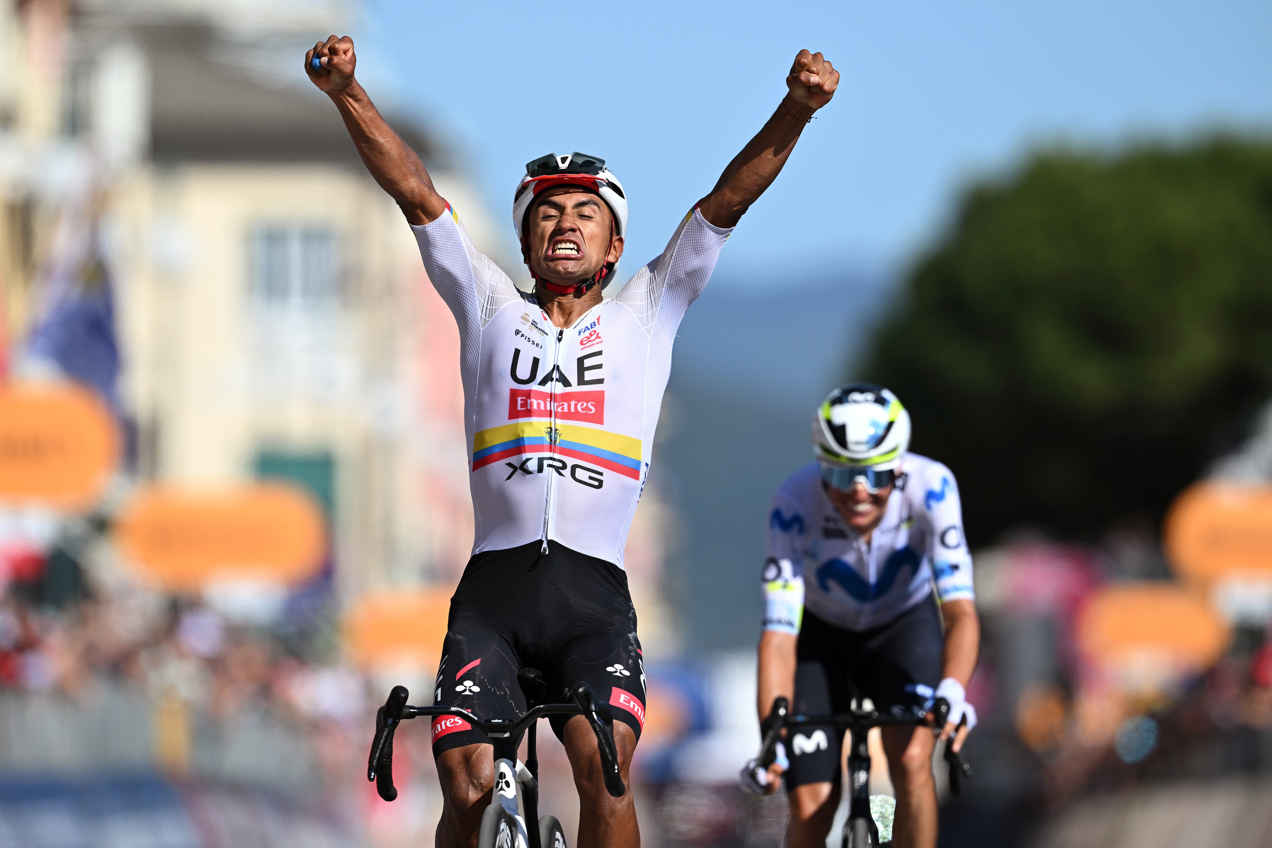 CHIAVARI, ITALY - MAY 20: Jhonatan Narvaez of Ecuador and UAE Team Emirates - XRG celebrates at finish line as stage winner during the 109th Giro d'Italia 2026, Stage 11 a 195km stage from Porcari to Chiavari / #UCIWT / on May 20, 2026 in Chiavari, Italy. (Photo by Tim de Waele/Getty Images)