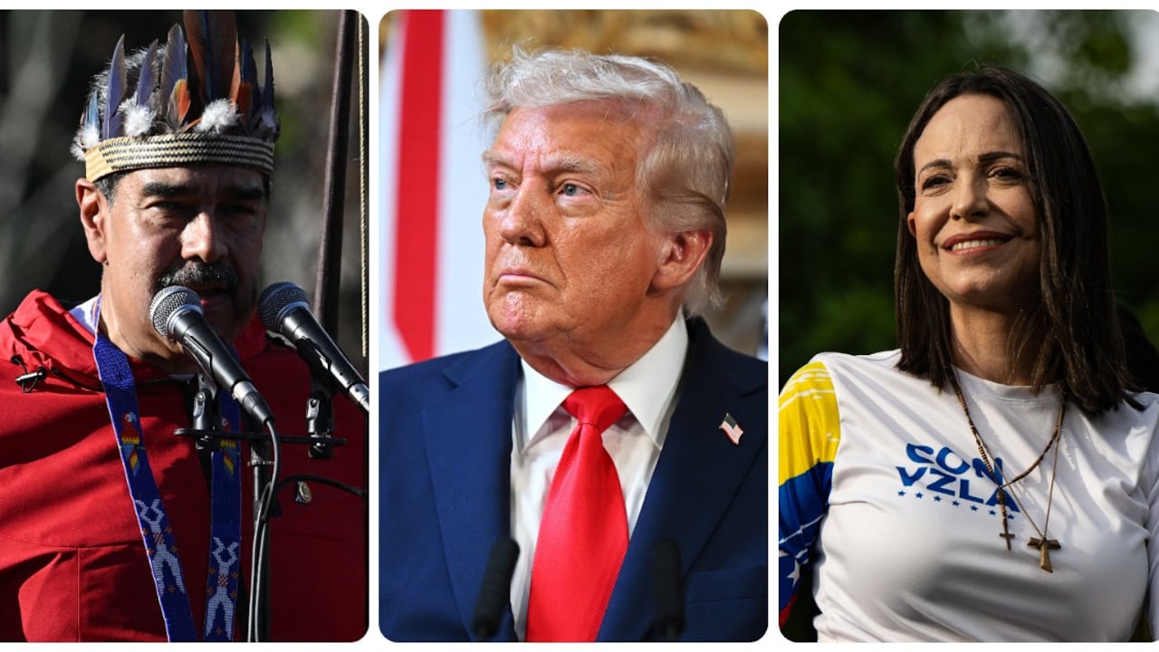 De izquierda a derecha: Nicolás Maduro, Donald Trump y María Corina Machado.