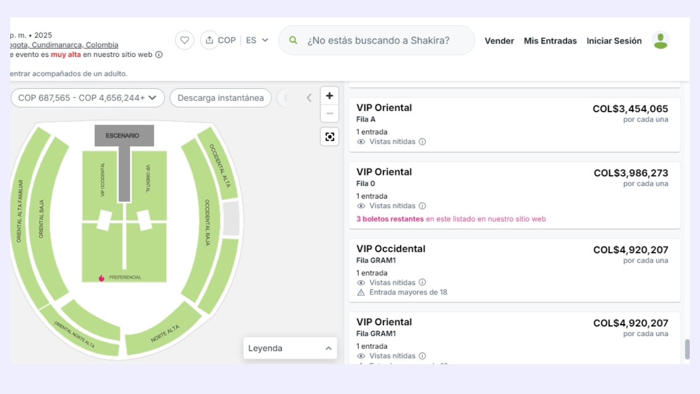 Reventa de boletas para Shakira