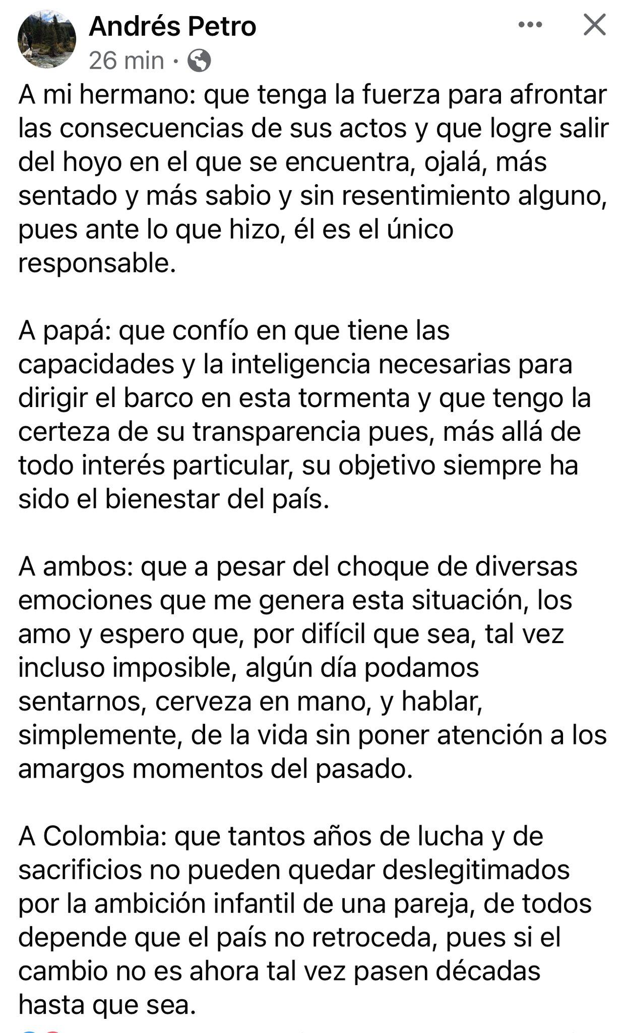 Andrés Petro envía mensaje a Nicolás y a su padre