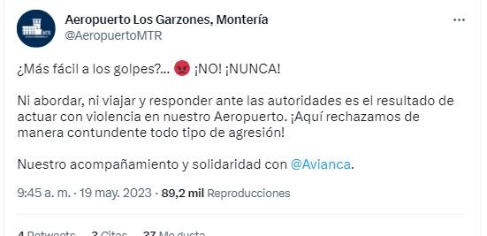 Aeropuerto Los Garzones se pronunció sobre el hecho