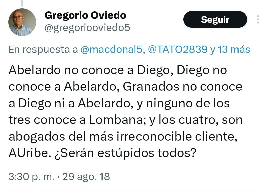 Gregorio Oviedo, esposo de Amelia Pérez, publicó mensajes contra el expresidente Álvaro Uribe.