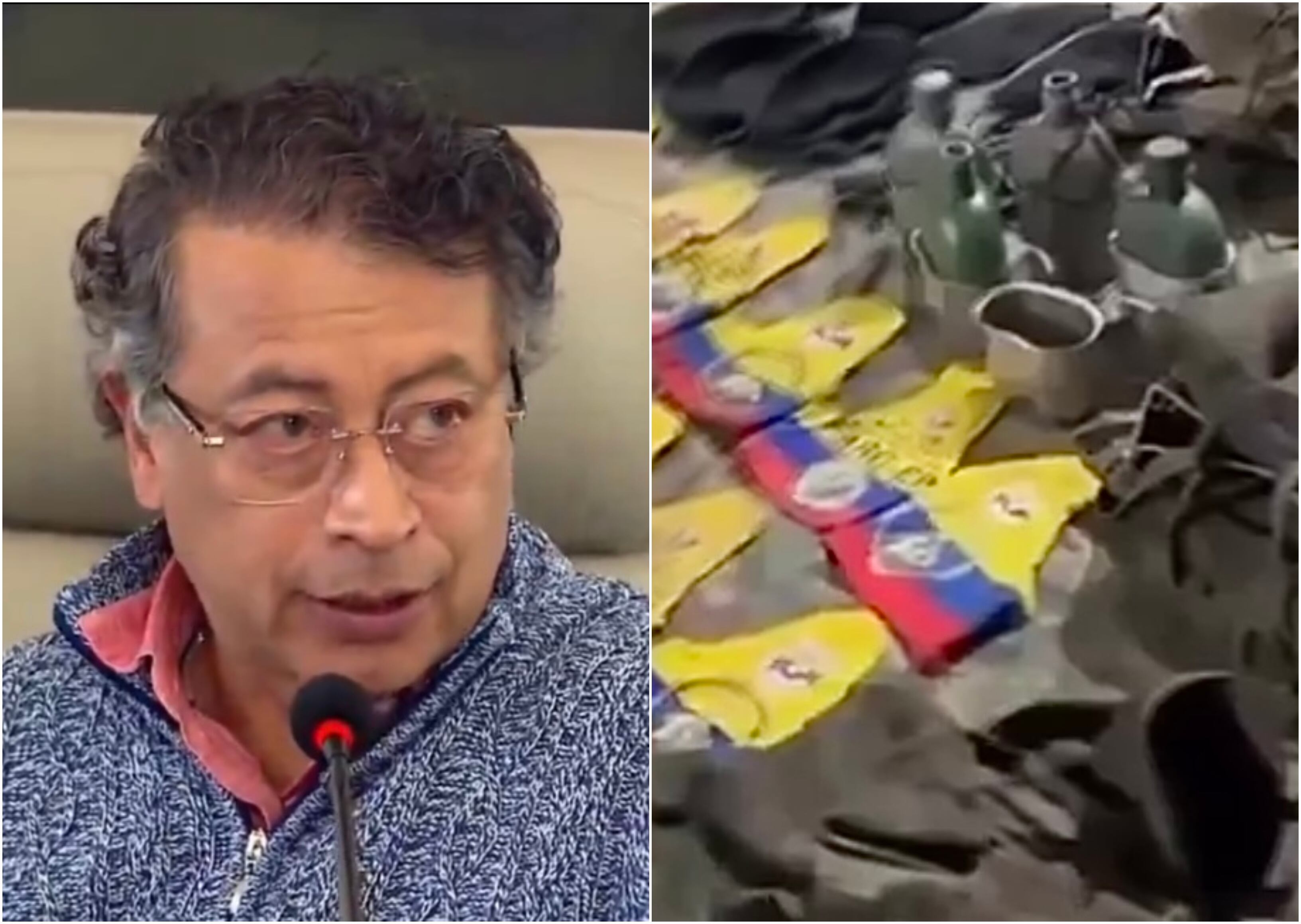 Gustavo Petro y material incautado a disidencias de Iván Mordisco.