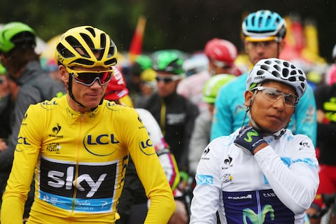 PARIS, FRANCE - JULY 26:  Overall winner Chris Froome (L) of Great Britain and Team Sky talks with second placed Nairo Quintana (R) of Colombia and Movistar Team during the twenty first stage of the 2015 Tour de France, a 109.5 km stage between Sevres and Paris Champs-Elysees, on July 26, 2015 in Paris, France.  (Photo by Bryn Lennon/Getty Images)