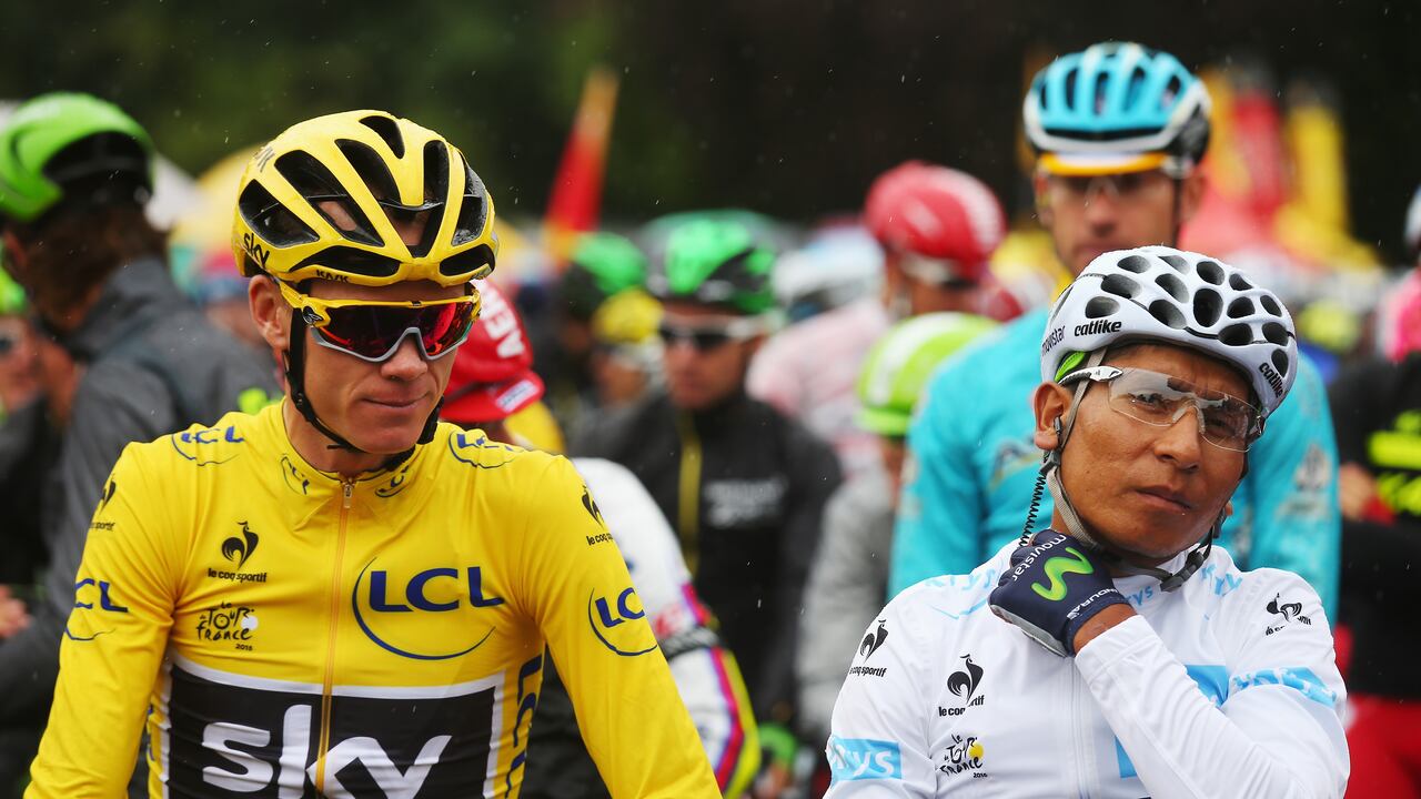 PARIS, FRANCE - JULY 26: Overall winner Chris Froome (L) of Great Britain and Team Sky talks with second placed Nairo Quintana (R) of Colombia and Movistar Team during the twenty first stage of the 2015 Tour de France, a 109.5 km stage between Sevres and Paris Champs-Elysees, on July 26, 2015 in Paris, France. (Photo by Bryn Lennon/Getty Images)