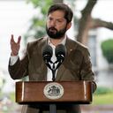 Chile's President Gabriel Boric speaks at the site of the assassination of Orlando Letelier and Ronni Moffitt at Sheridan Circle in Washington, Saturday, Sept. 23, 2023, during an event held in memory of the assassination on Sept. 21, 1976. (AP Photo/Jose Luis Magana)