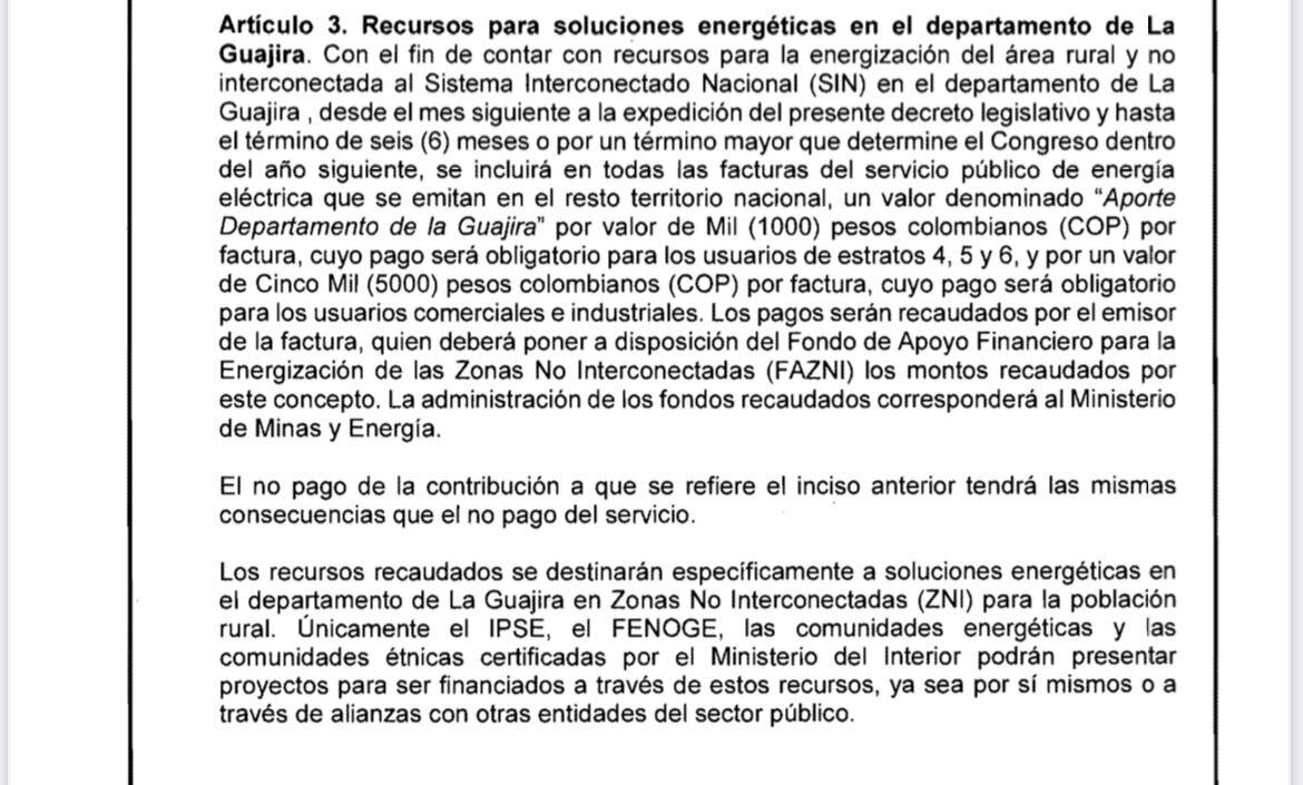 Decreto tarifa de energía