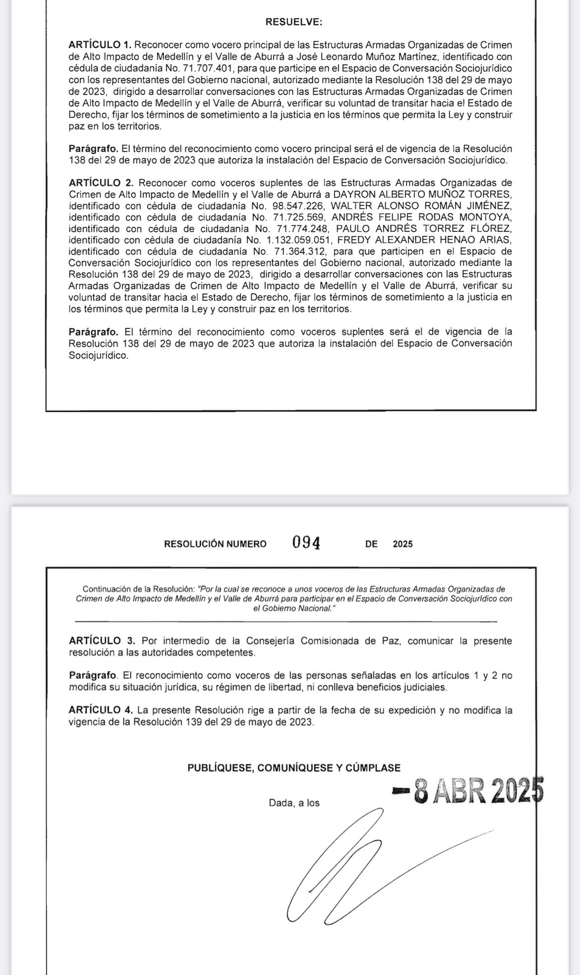 Resolución vocero de paz alias Douglas