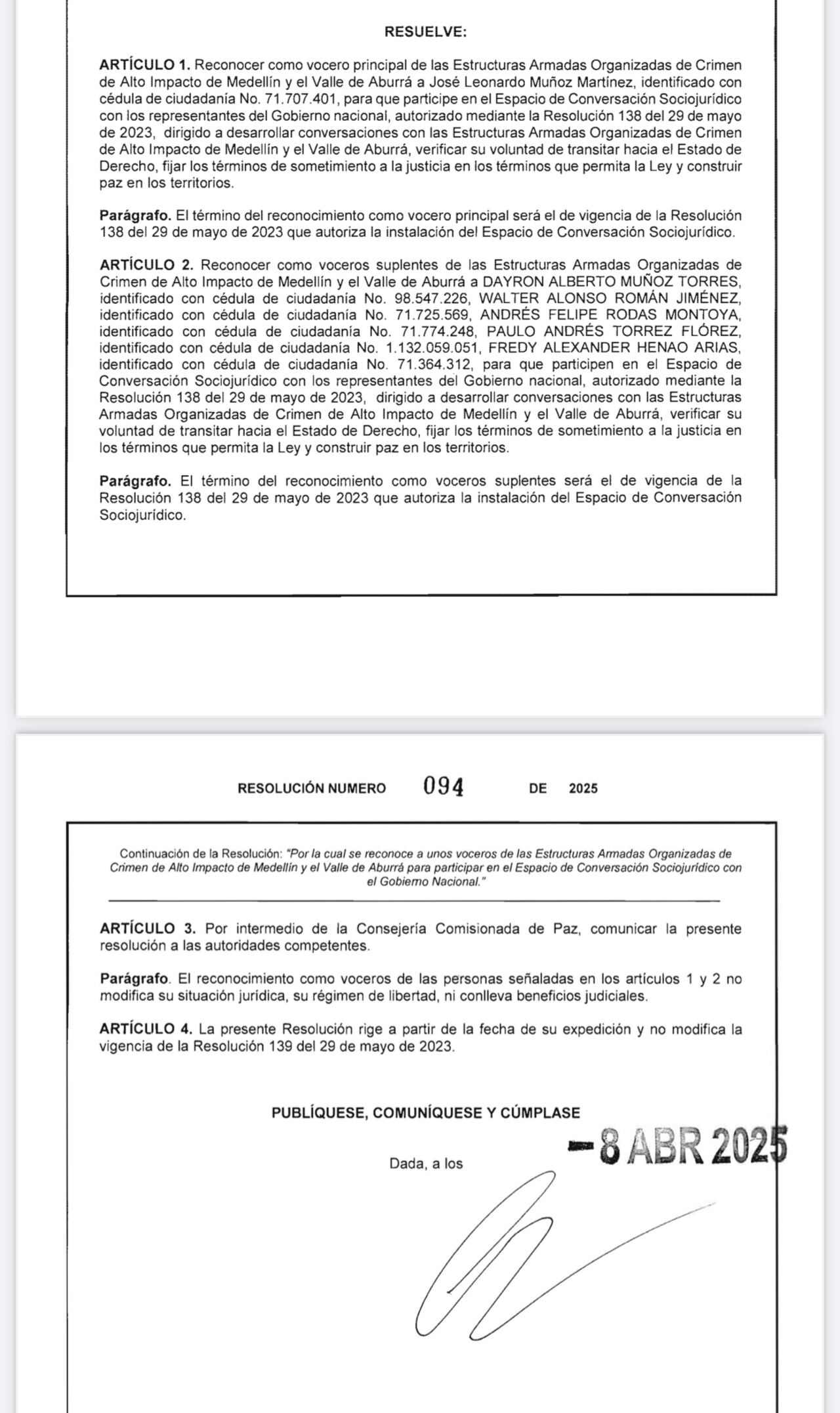 Resolución vocero de paz alias Douglas