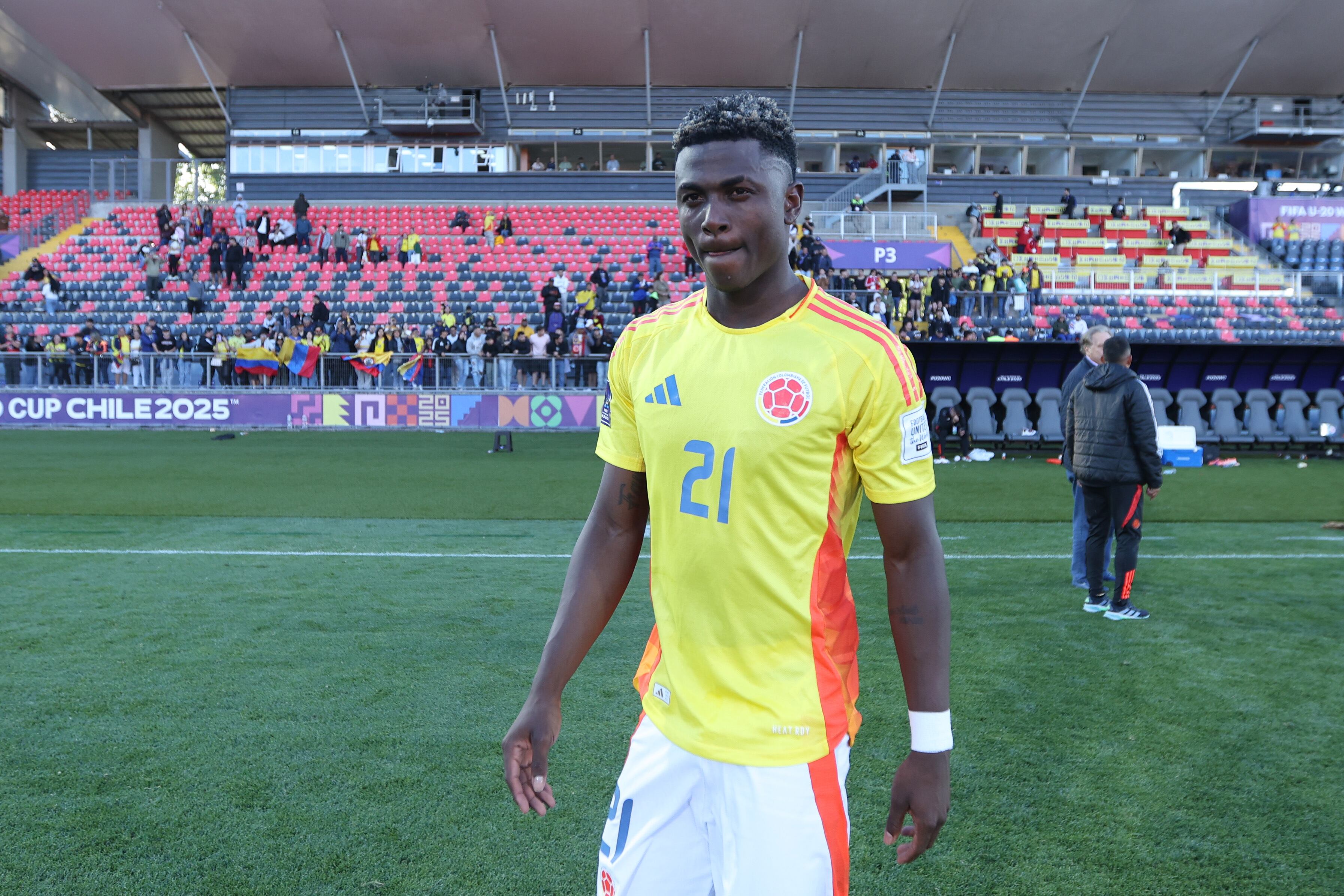 TALCA, CHILE - OCTOBER 11: Neyser Villareal of Colombia celebrates after winning the FIFA U-20 World Cup Chile 2025 quarter-final match between Spain and Colombia at Estadio Fiscal on October 11, 2025 in Talca, Chile. (Photo by Ricardo Moreira - FIFA/FIFA via Getty Images)