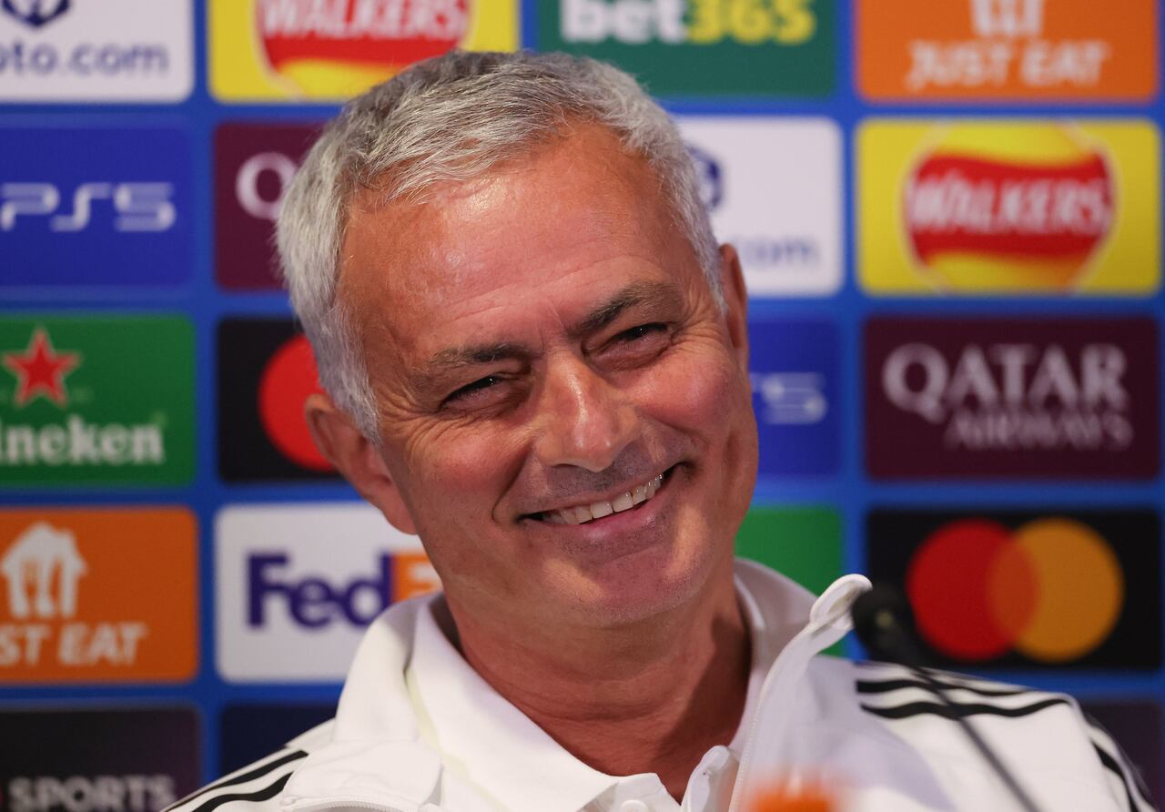 Benfica's manager Jose Mourinho attends a press conference at Stamford Bridge, London, Monday, Sept. 29, 2025, ahead of the Champions League soccer match against Chelsea. (Steven Paston/PA via AP)