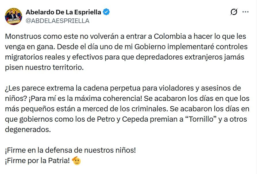 El candidato presidencial escribió un mensaje en sus redes sociales sobre el presunto caso de abuso en Bogotá.