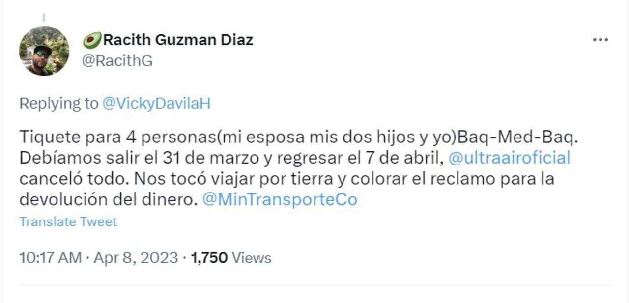 El usuario identificado como @RacithG expuso el drama que vivió en esta Semana Santa por cuenta del no servicio de Ultra Air.
