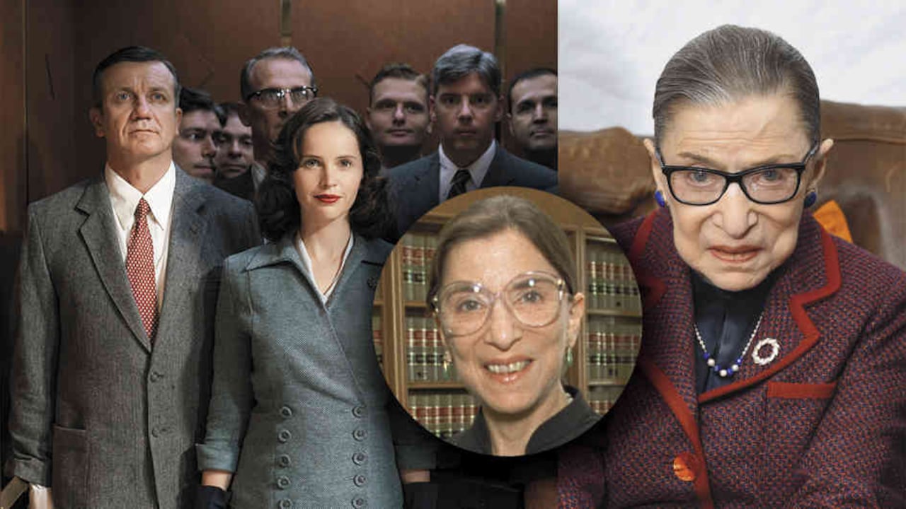 La voz de la igualdad, protagonizada por Felicity Jones, comienza cuando Ginsburg cursaba su primer año en Harvard. A la derecha, un retrato actual, ya convertida en leyenda.