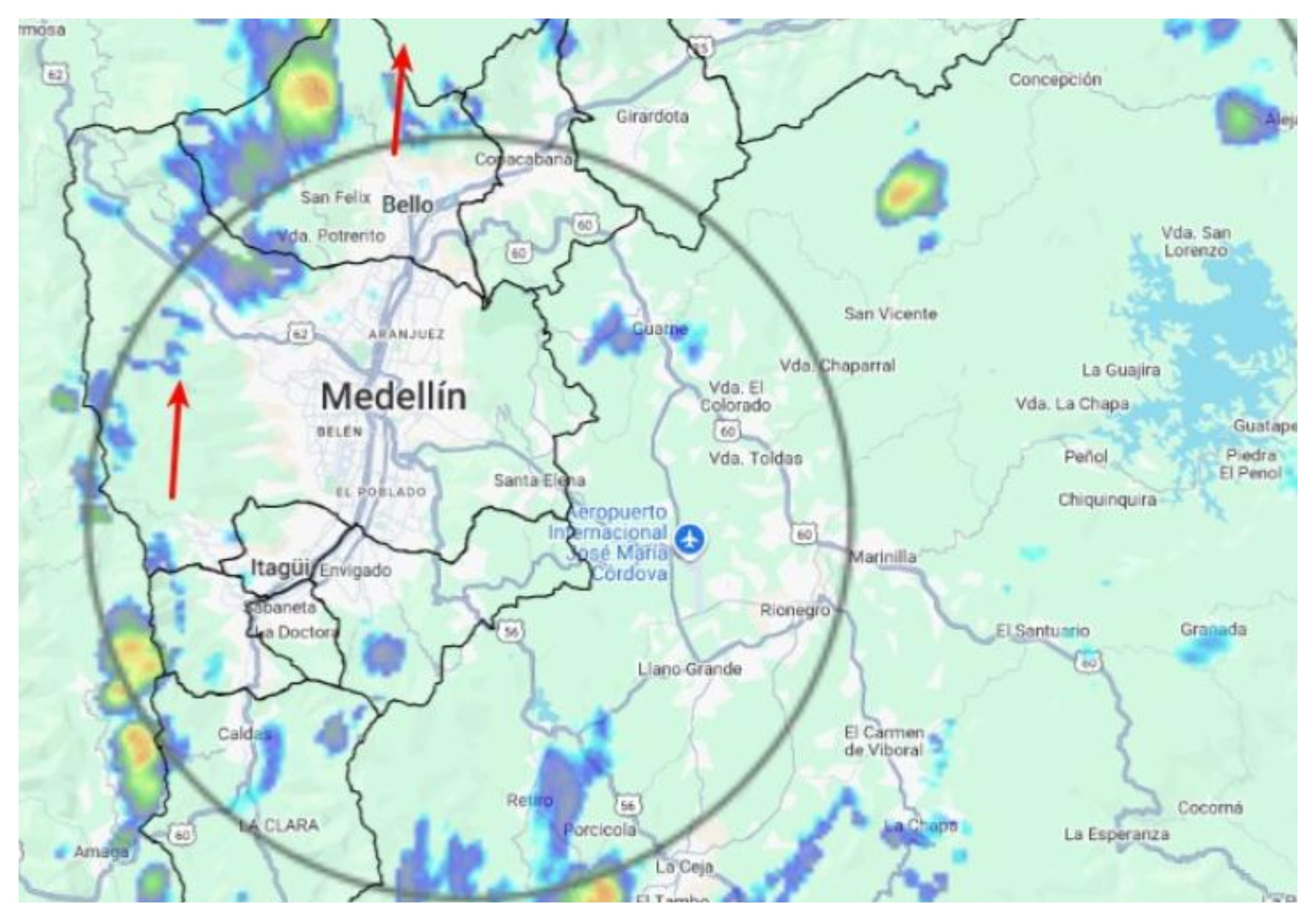 Imagen tomada por el radar metereológico del Siata, de Medellín, este martes a las 16:05.