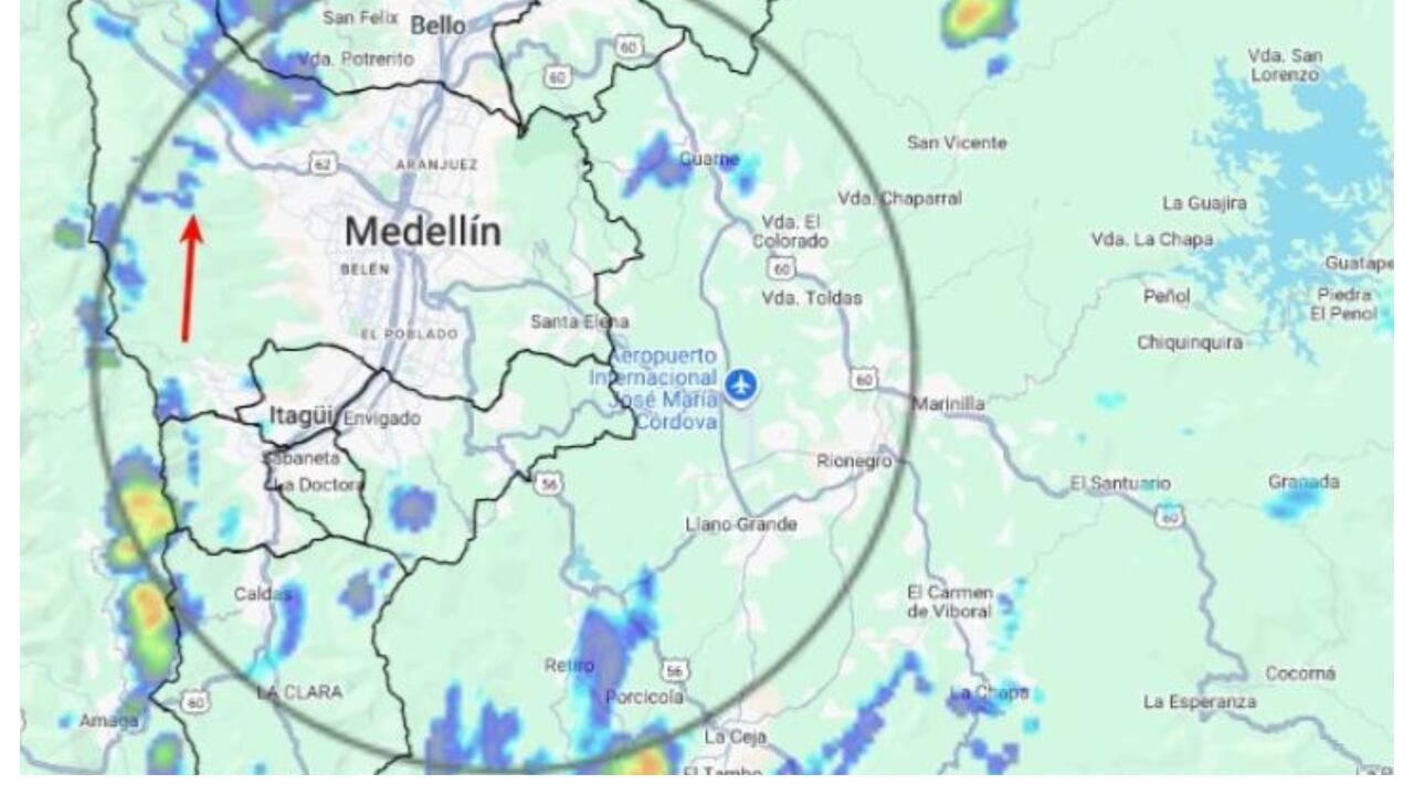 Imagen tomada por el radar metereológico del Siata, de Medellín, este martes a las 16:05.