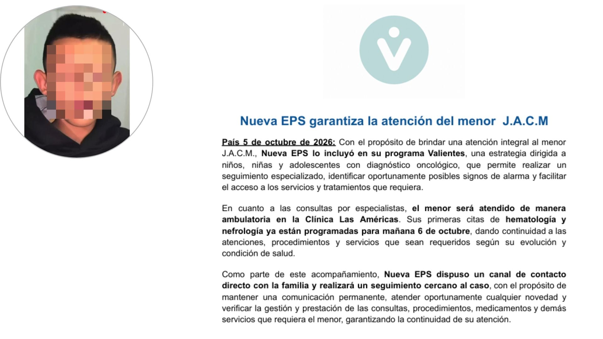 Comunicado de la Nueva EPS e imajen del menor