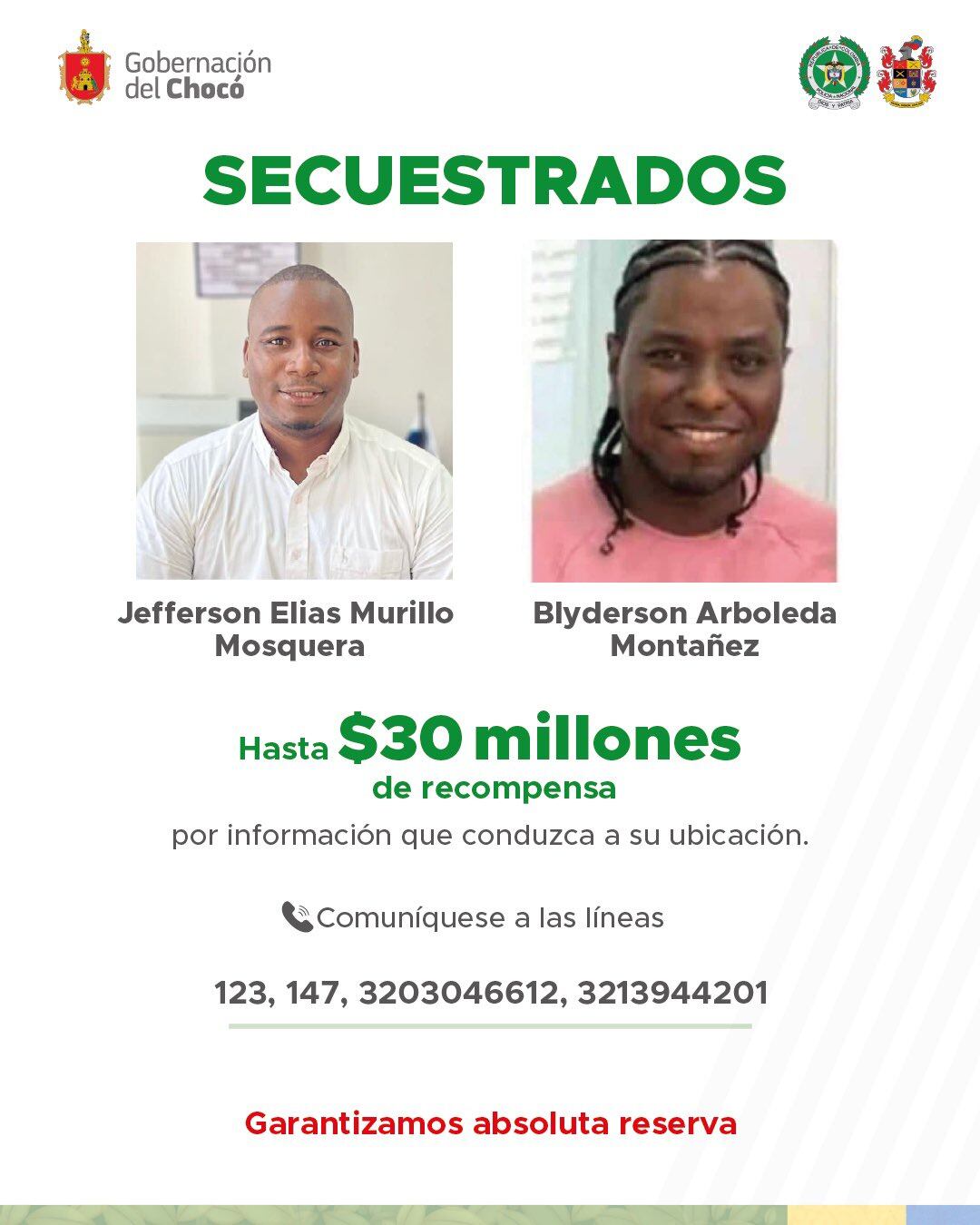 Recompensa por la liberación del funcionario Jefferson Murillo