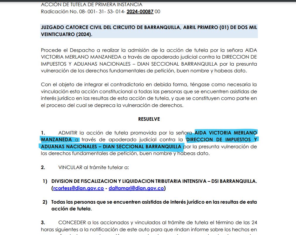 Tutela de Aida Victoria Merlano contra la Dian.