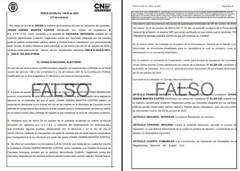 El Consejo Nacional Electoral anunció el avance de la respectiva denuncia ante la Fiscalía General de la Nación, a la que le pidió que investigue y sancione a los responsables de estos hechos ilícitos.