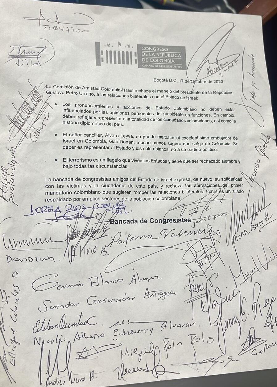 Carta de la Comisión de Amistad Colombia - Israel del Congreso de la República.