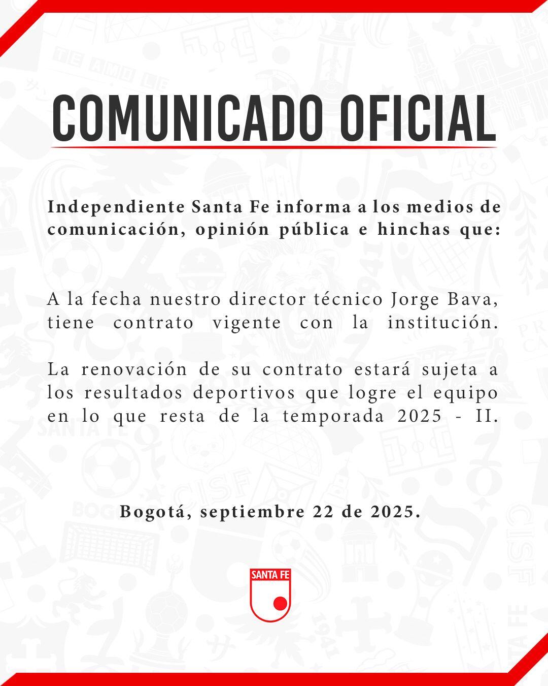Comunicado oficial de Independiente Santa Fe sobre Jorge Bava.