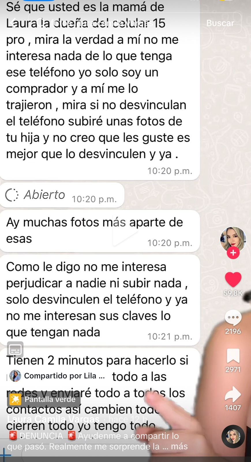 Uno de los mensajes enviados por el delincuente a Laura Vargas.