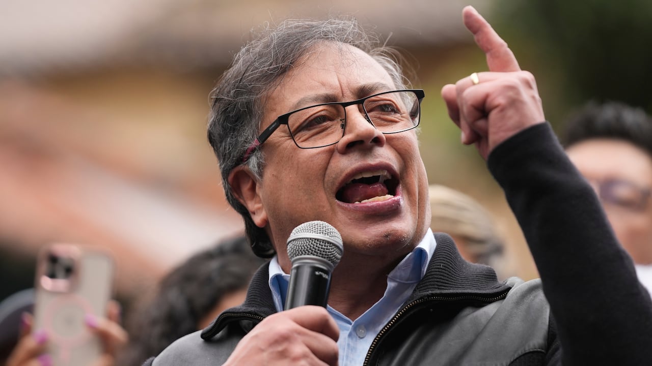 Colombia's President Gustavo Petro speaks to supporters during a rally, as Petro's government faces a series of corruption scandals that have decreased its popularity and weakened its capability to pass legislation in the nation’s congress, in Bogota, Colombia, Wednesday, June 7, 2023. (AP Photo/Fernando Vergara)