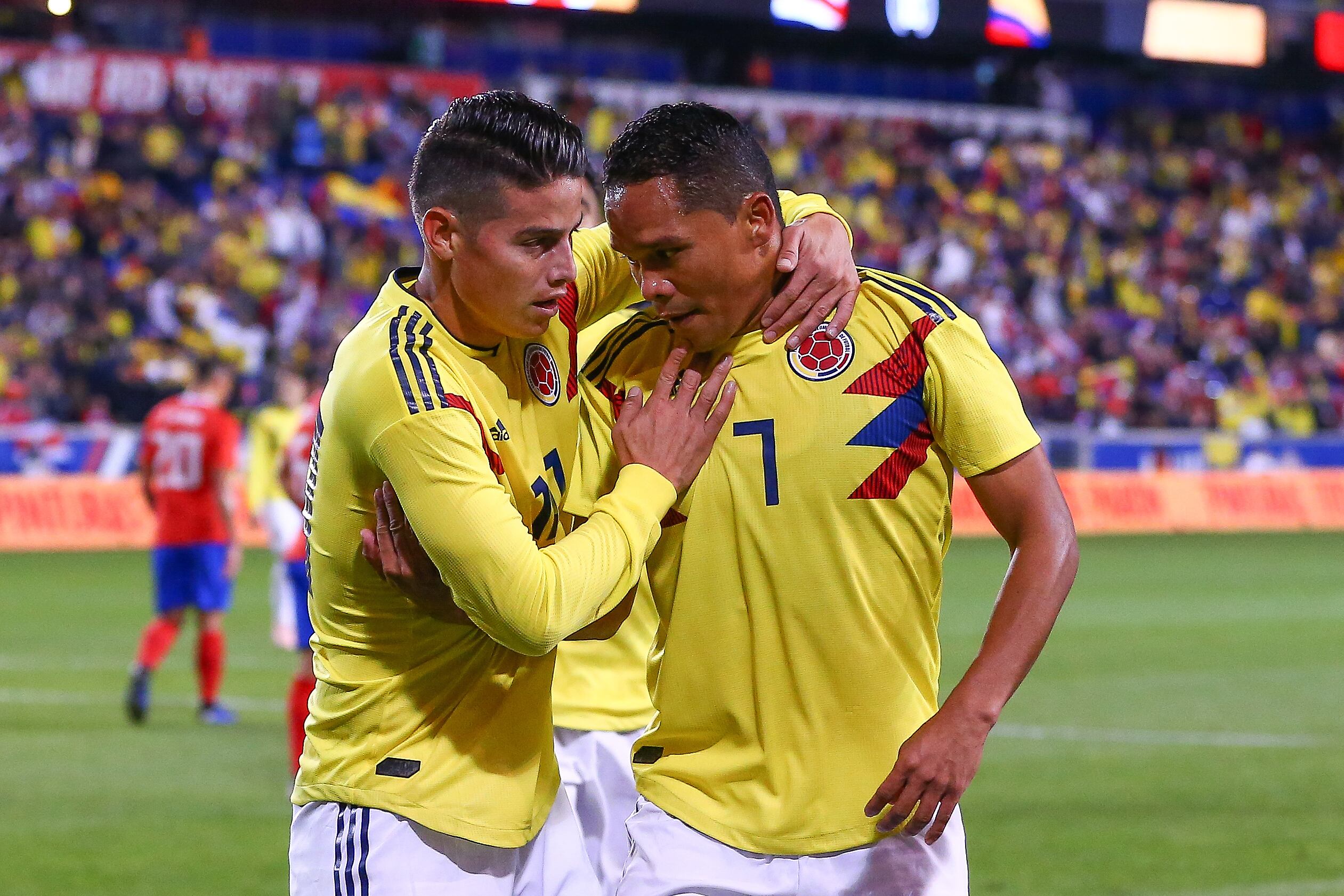 HARRISON, NJ - OCTOBER 16:   Colombia forward Carlos Bacca (7) celebrates with Colombia midfielder James Rodriguez (10) after scoring  during the first half of the International Friendly Soccer Game between Colombia and Costa Rica on October 16, 2018 at Red Bull Arena in Harrison, NJ.  (Photo by Rich Graessle/Icon Sportswire via Getty Images)