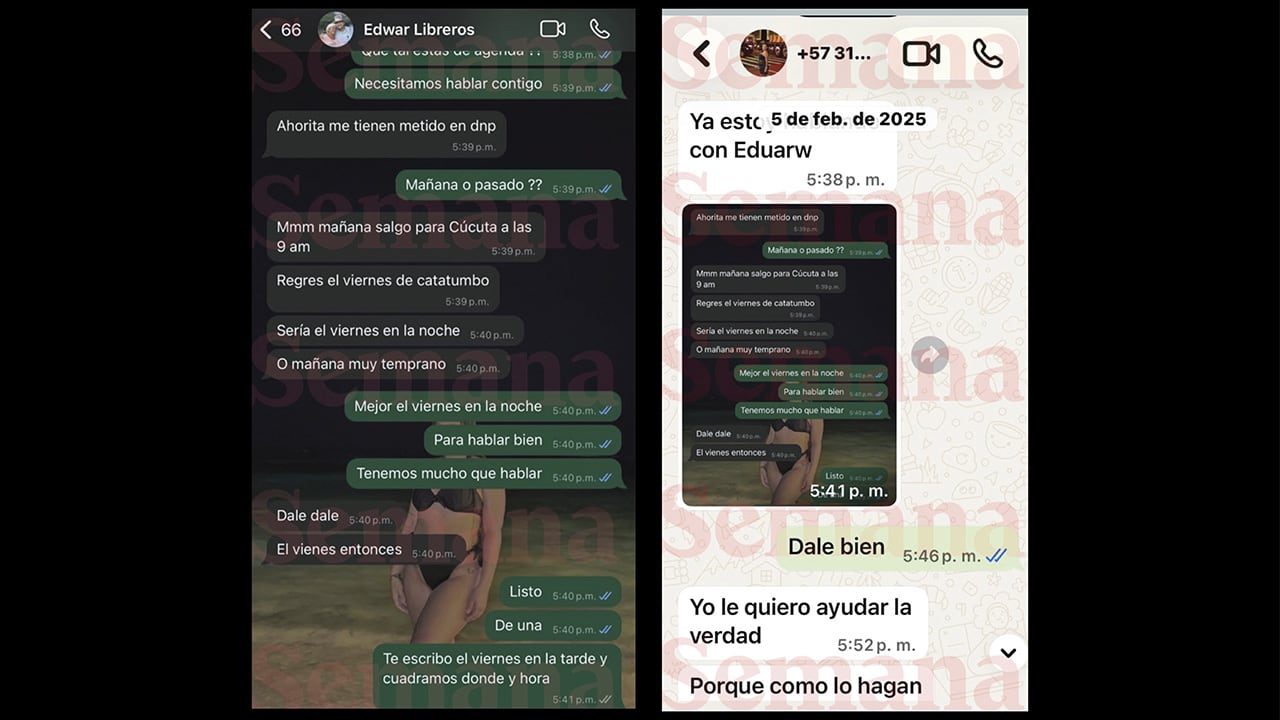 A la izquierda, conversación de Verónica Guerrero y el entonces viceministro de Agua Potable, Edward Libreros. A la derecha, chat entre Verónica Guerrero y empresario.