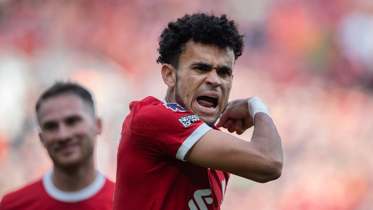 LIVERPOOL, ENGLAND - OCTOBER 21: Luis Diaz of Liverpool appeals to the referee during the Premier League match between Liverpool FC and Everton FC at Anfield on October 21, 2023 in Liverpool, United Kingdom. (Photo by Joe Prior/Visionhaus via Getty Images)
