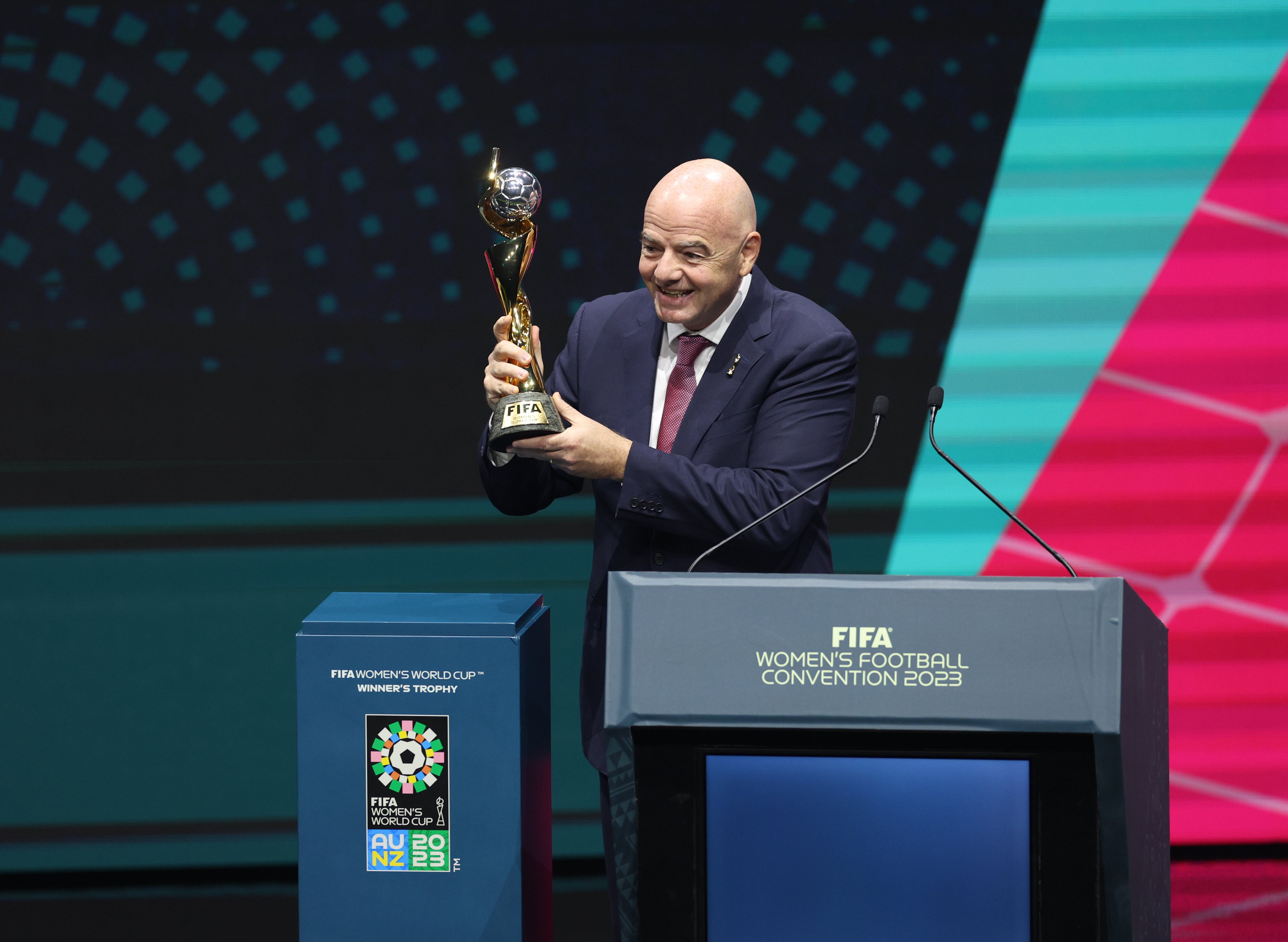 SYDNEY, AUSTRALIA - AUGUST 18: FIFA President Gianni Infantino speaks on stage during the FIFA Women's Football Convention at the International Convention Centre, Darling Harbour on August 18, 2023 in Sydney / Gadigal, Australia. (Photo by Elsa - FIFA/FIFA via Getty Images)