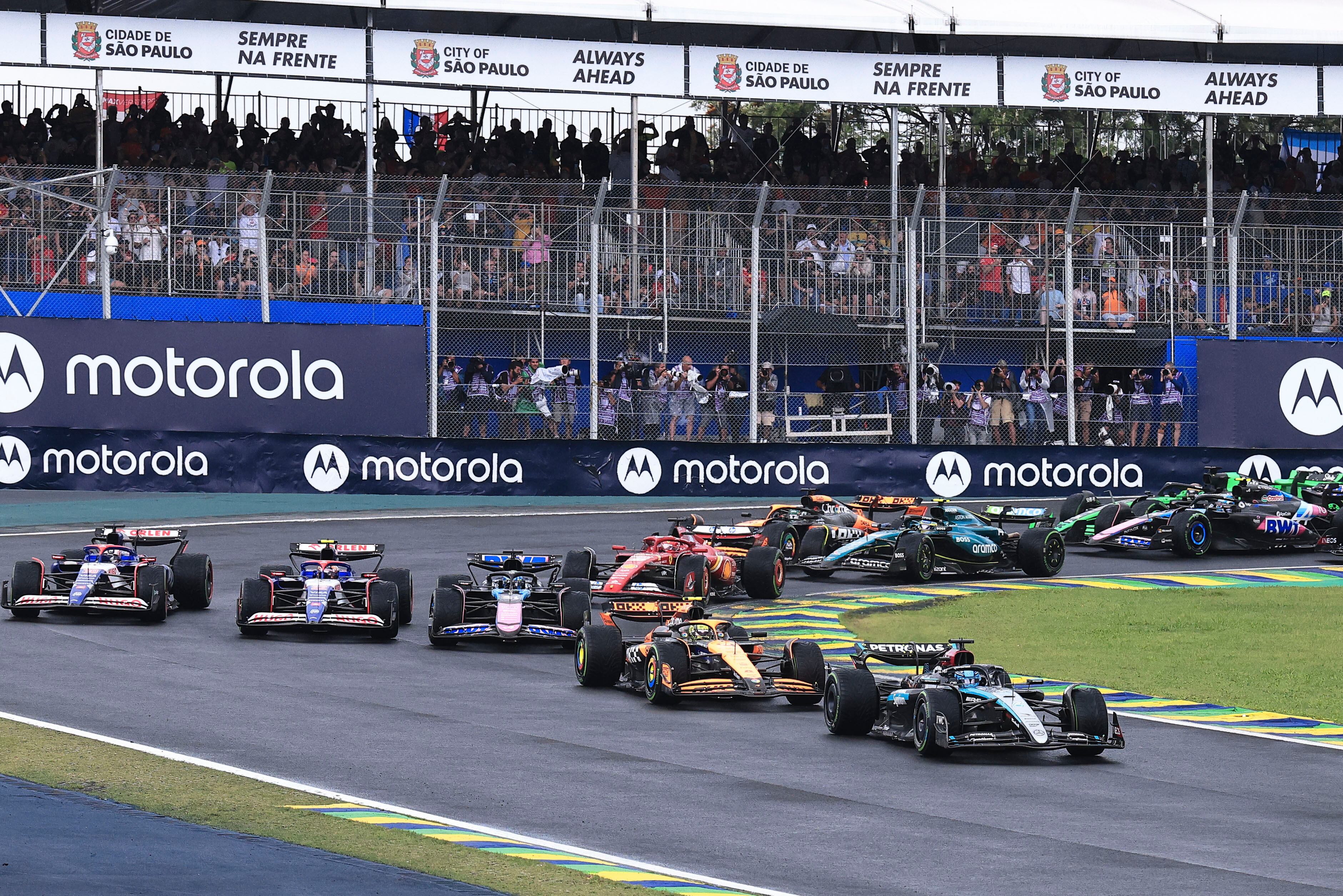 Mercedes driver George Russell of Britain, right, steers his car during the Brazilian Formula One Grand Prix at the Interlagos race track, in Sao Paulo, Brazil, Sunday, Nov. 3, 2024. (AP Photo/Ettore Chiereguini)