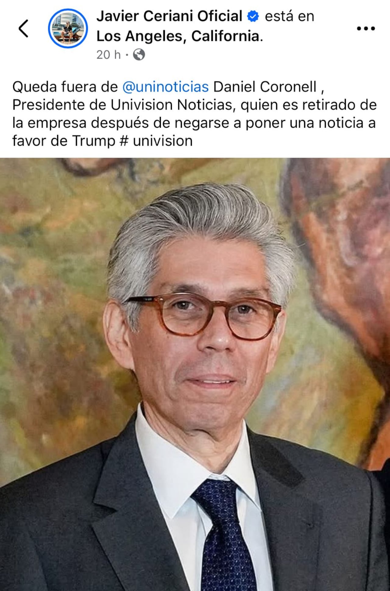 Publicación sobre retiro de Daniel Coronell de Univisión.