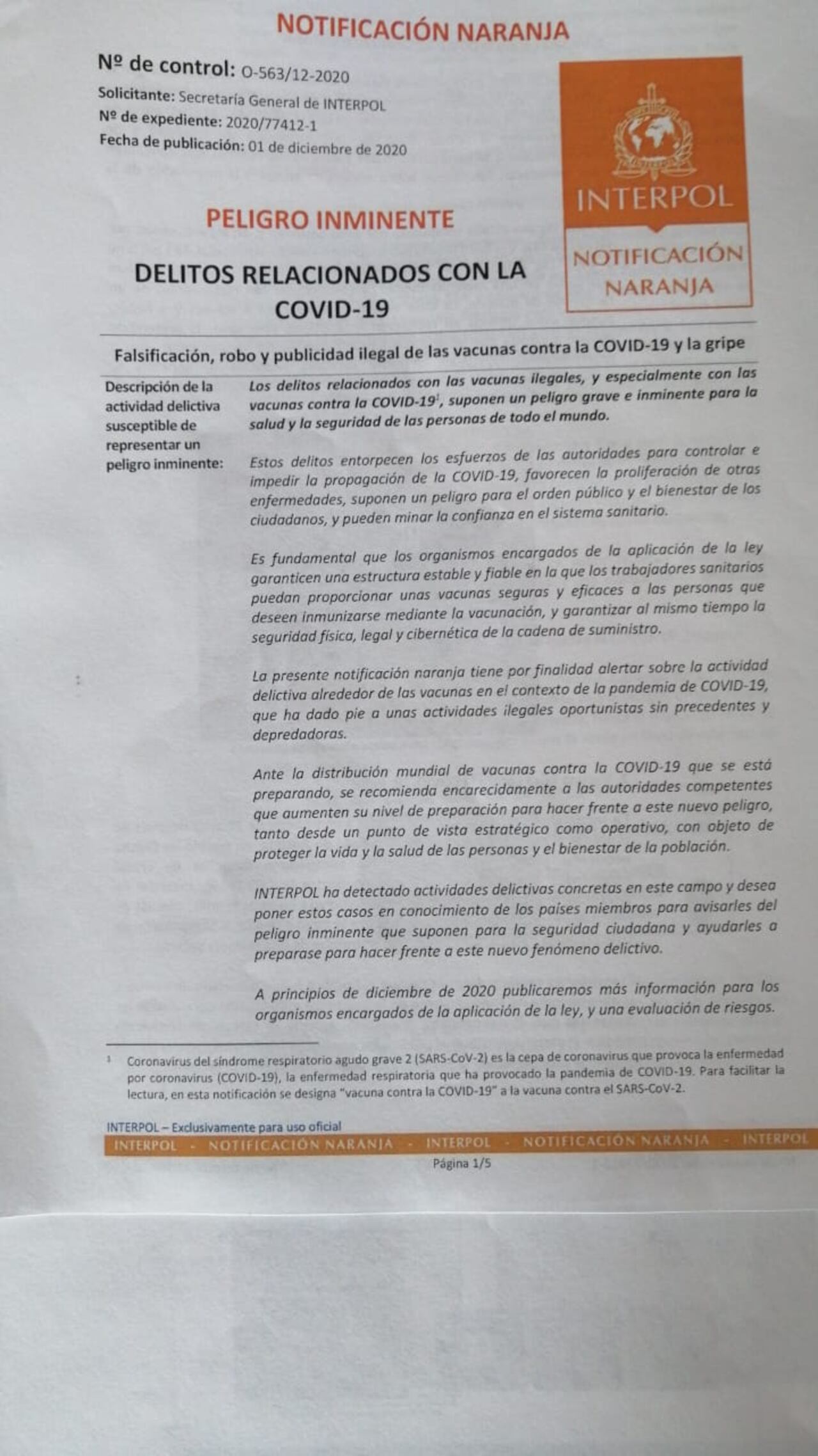 Circular sobre delitos relacionados con el Covid 19