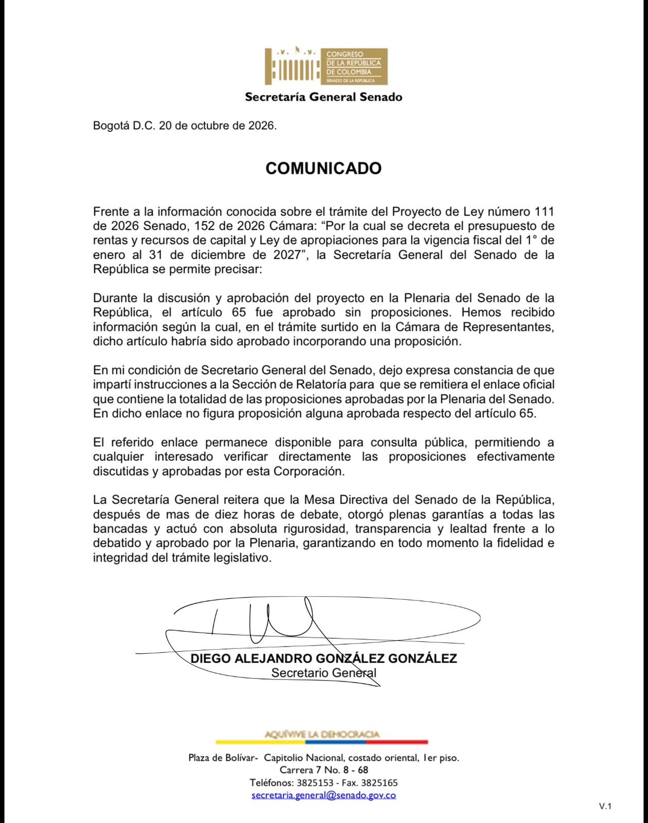 Secretaría general del Senado confirmó diferencias e el artículo 65 que se votó en Cámara y el que se votó en Senado.