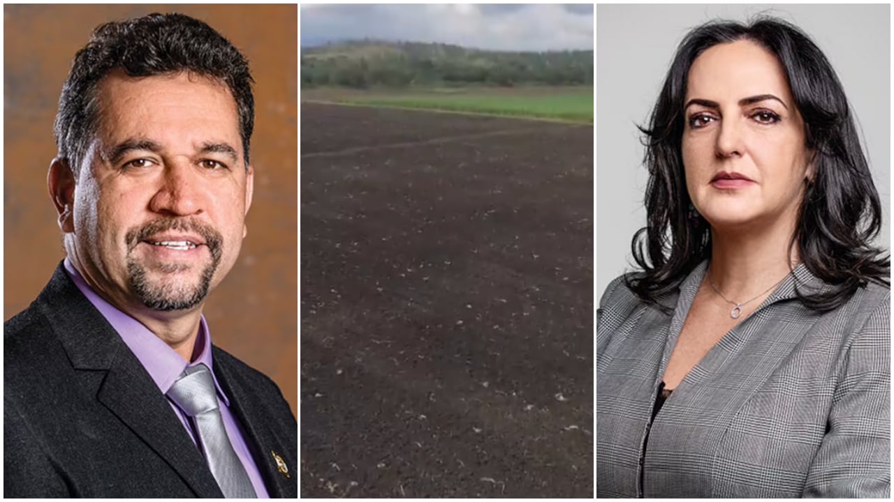 León Fredy Muñoz y María Fernanda Cabal, congresistas. En el centro, tierras mostradas por Muñoz en un video