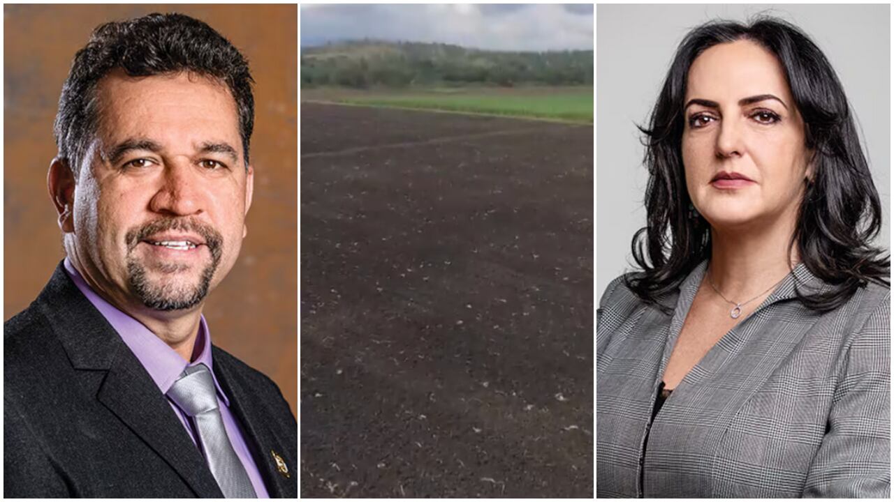 León Fredy Muñoz y María Fernanda Cabal, congresistas. En el centro, tierras mostradas por Muñoz en un video