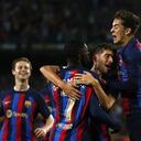 Barcelona's Ousmane Dembele, second left, celebrates with bis team-mates after scoring his side's opening goal during a Spanish La Liga soccer match between Barcelona and Athletic Club at the Camp Nou stadium in Barcelona, Spain, Sunday, Oct. 23, 2022. (AP Photo/Joan Monfort)