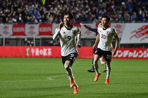 OSAKA, JAPAN - MARCH 28: Kaoru Mitoma of Japan celebrates after scoring the team's first goal during the international friendly between Japan and Colombia at Yodoko Sakura Stadium on March 28, 2023 in Osaka, Japan. (Photo by Kenta Harada/Getty Images)