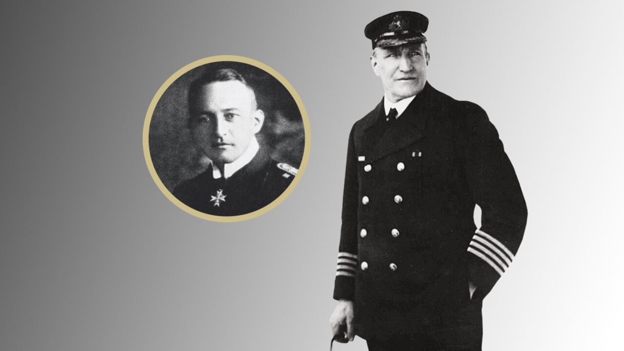 Gentelos Comandantes Arriba Walter Schwieger, quien desde el submarino ordenó abrir fuego. A la derecha, el capitán William Turner, quien confiaba en esquivar los ataques.